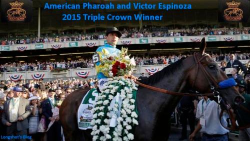 Jockey Victor Espinoza parades American Pharoah through the Winner's Circle after winning the 147th running of the Belmont Stakes horse race at Belmont Park, Saturday, June 6, 2015, in Elmont, N.Y. American Pharoah is the first horse to win the Triple Crown since Affirmed won it in 1978.(AP Photo/Seth Wenig)